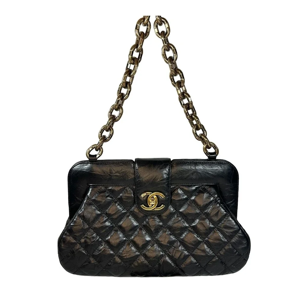 Chanel Frame Shoulder Bag CC Distressed Quilted Leather Black/Gold Thick Chain